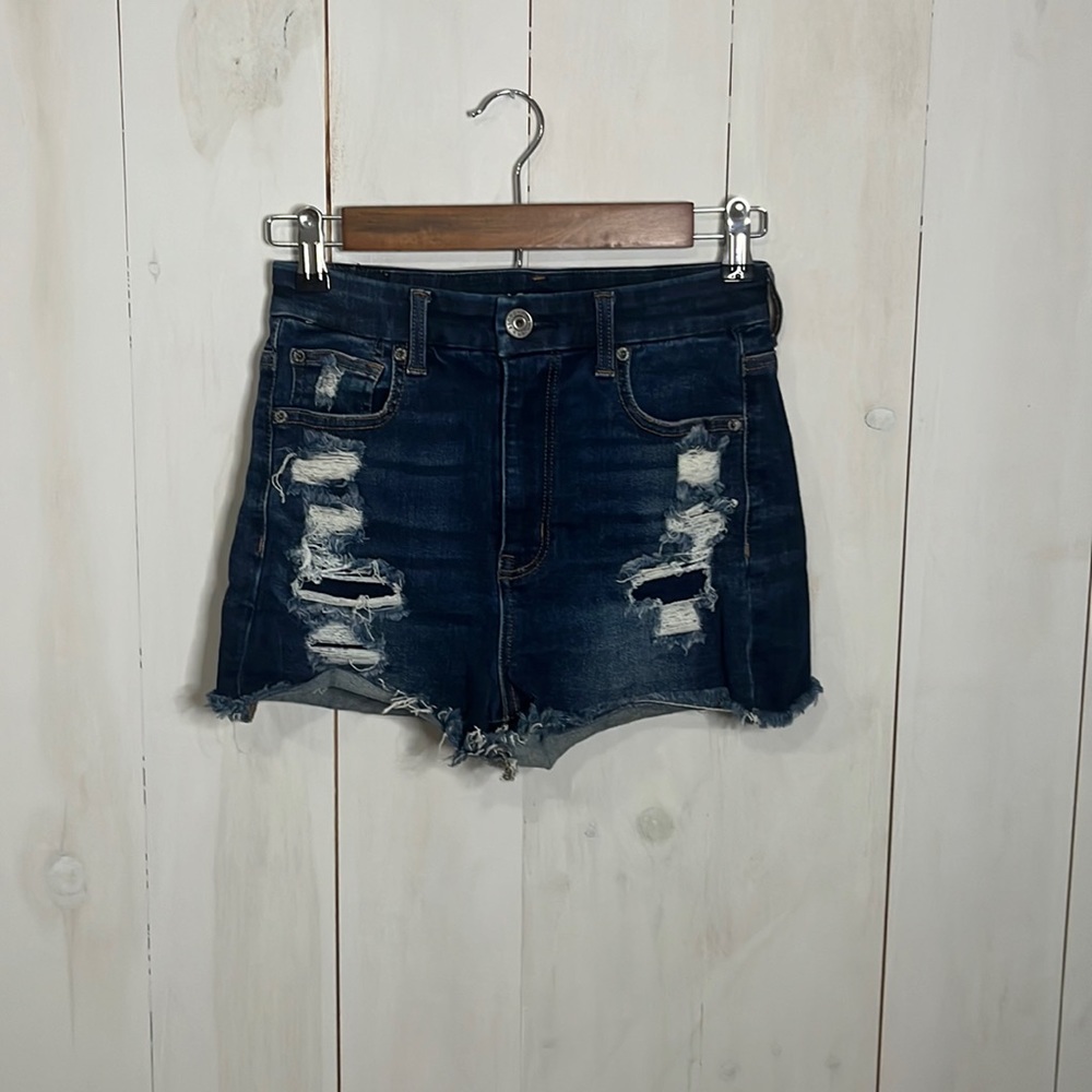 AE Next Level Stretch - Curvy Hi Rise Shortie - 4 - Dark Wash/ Patched Destroyed